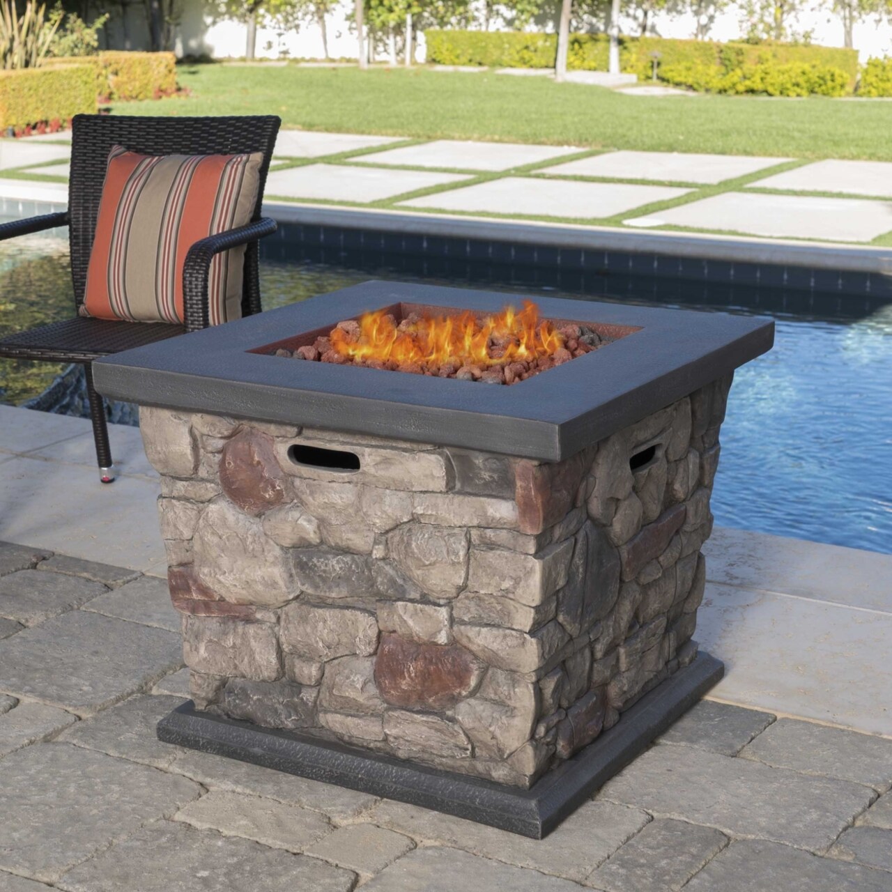 GDFStudio Crawford Outdoor Stone Finished Square Fire Pit - 40000 BTU